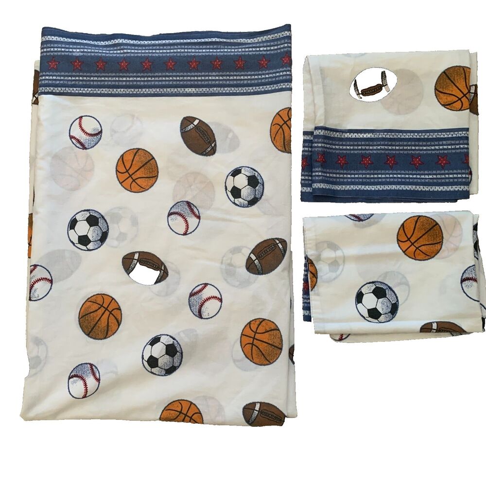 Sports Themed Twin Flat Sheet 2 Pillowcases Football Soccer Basketball Baseball